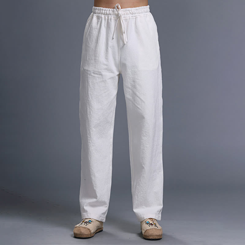 Buddha Stones Lässige, einfarbige Herrenhose aus Leinen mit Kordelzug und Taschen - Weiß - US/UK/AU 38, EU 48 (XL) - image 0