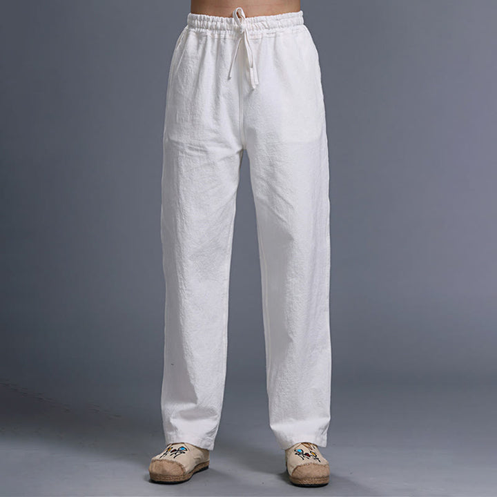 Buddha Stones Lässige, einfarbige Herrenhose aus Leinen mit Kordelzug und Taschen - Weiß - US/UK/AU 38, EU 48 (XL) - image 0
