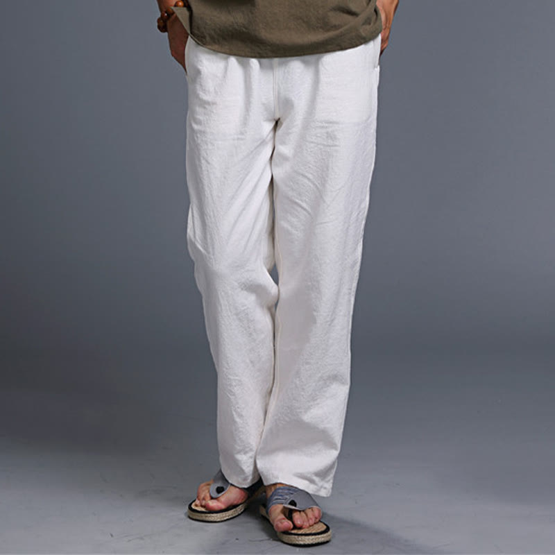 Buddha Stones Lässige, einfarbige Herrenhose aus Leinen mit Kordelzug und Taschen - image 12