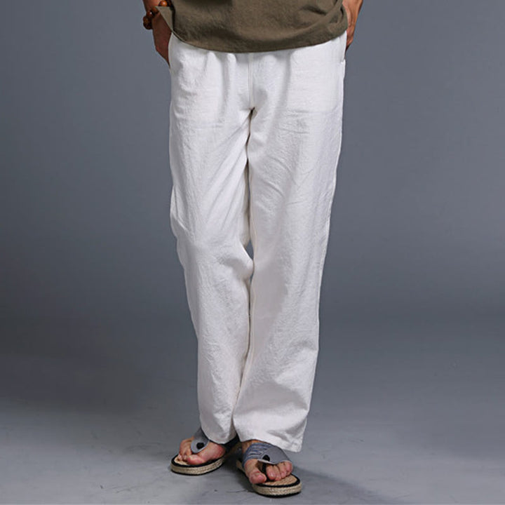 Buddha Stones Lässige, einfarbige Herrenhose aus Leinen mit Kordelzug und Taschen - image 12