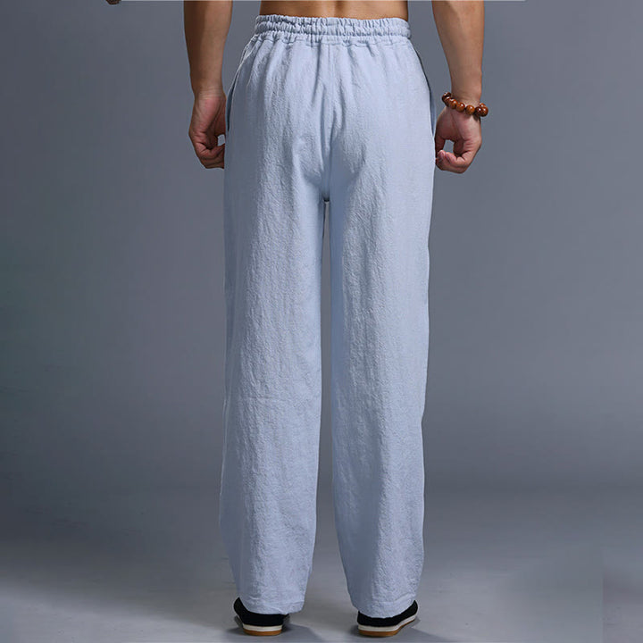 Buddha Stones Lässige, einfarbige Herrenhose aus Leinen mit Kordelzug und Taschen - image 35