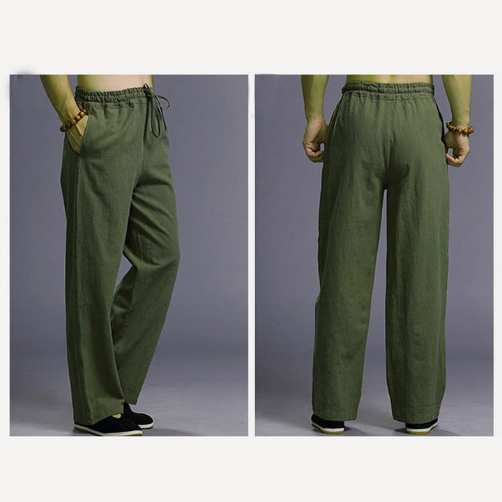 Buddha Stones Lässige, einfarbige Herrenhose aus Leinen mit Kordelzug und Taschen - image 41
