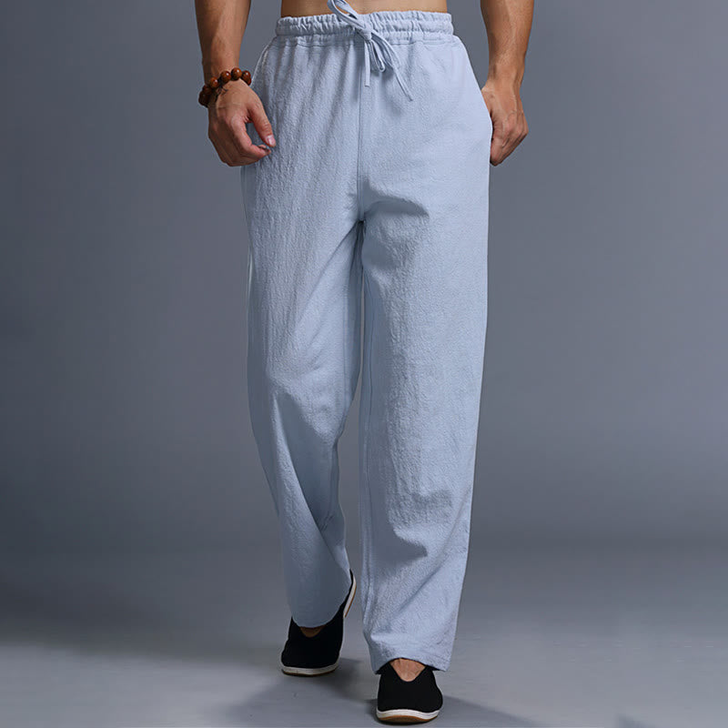 Buddha Stones Lässige, einfarbige Herrenhose aus Leinen mit Kordelzug und Taschen - image 32