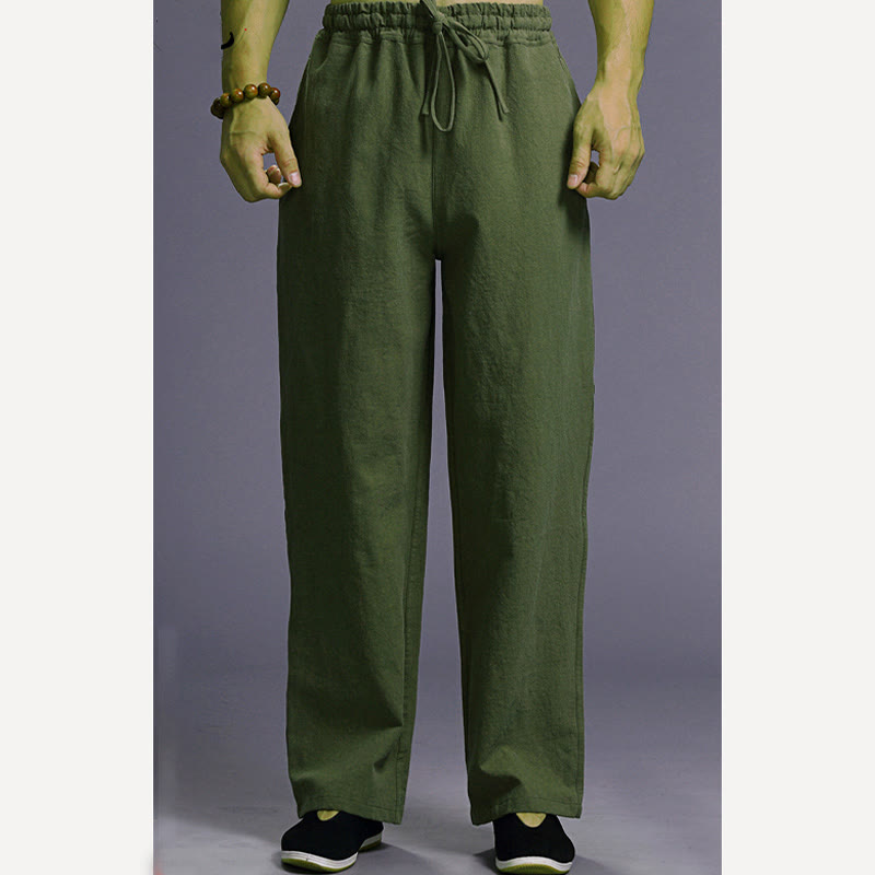 Buddha Stones Lässige, einfarbige Herrenhose aus Leinen mit Kordelzug und Taschen - image 40