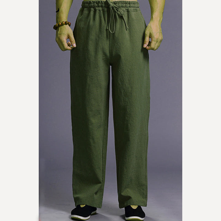 Buddha Stones Lässige, einfarbige Herrenhose aus Leinen mit Kordelzug und Taschen - image 40