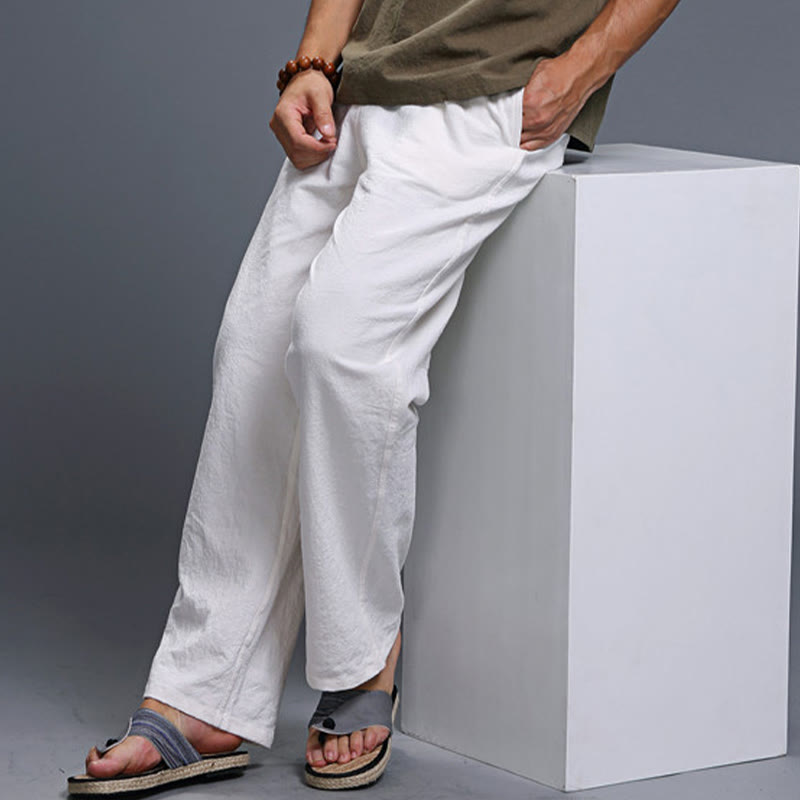 Buddha Stones Lässige, einfarbige Herrenhose aus Leinen mit Kordelzug und Taschen - image 11