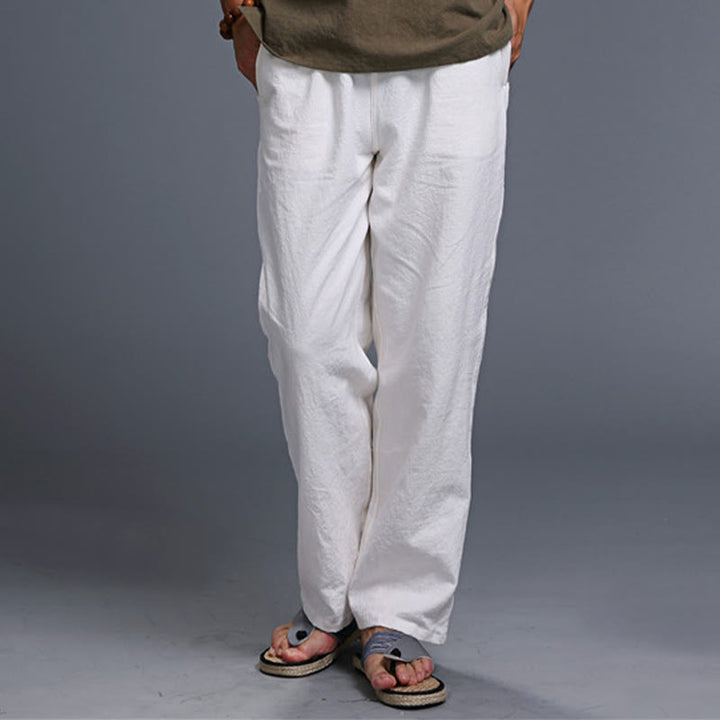 Buddha Stones Lässige, einfarbige Herrenhose aus Leinen mit Kordelzug und Taschen - image 4