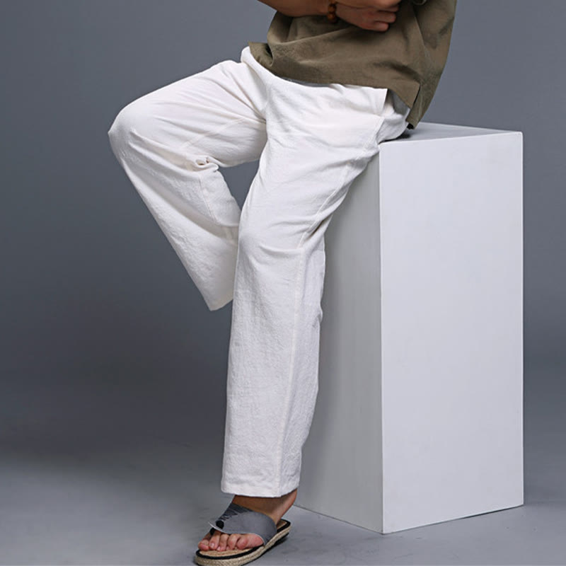 Buddha Stones Lässige, einfarbige Herrenhose aus Leinen mit Kordelzug und Taschen - image 13