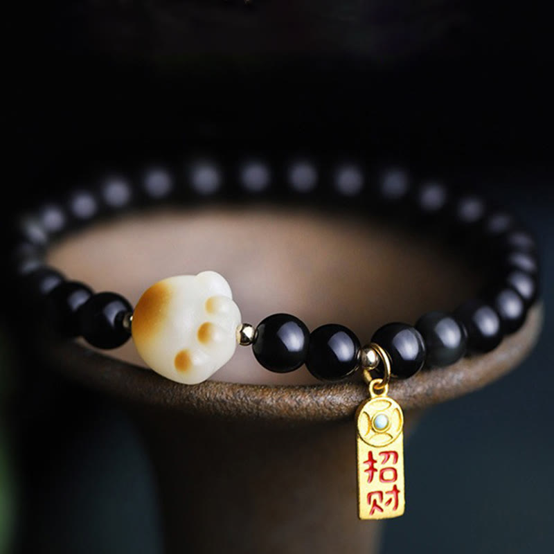 Buddha Stones, schwarzer Obsidian, Katzenpfote, Bodhi-Samen, Glücksbringer, Reinigungsarmband - 6 mm schwarzer Obsidian (Handgelenkumfang: 14–16 cm) - image 1