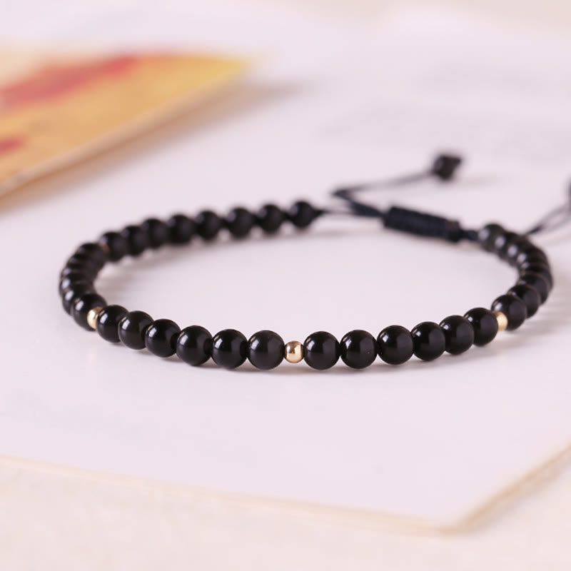 Buddha Stones Kleines schwarzes Obsidianperlen-Erfüllungsseil-Armband