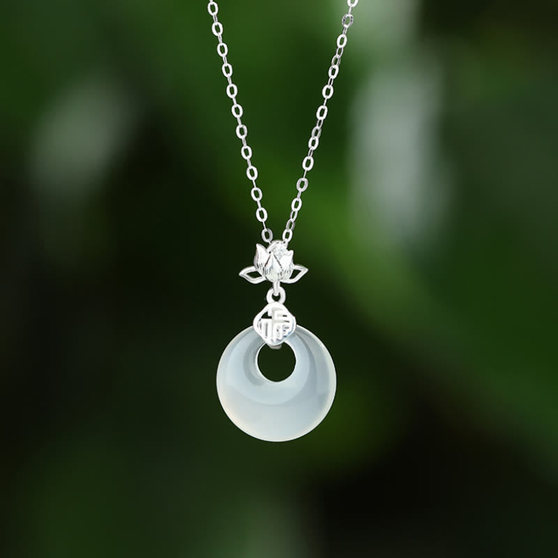 Buddha Stones , Chalcedon, 925 Sterlingsilber, Lotusblüte, Fu-Charakter, Peace-Schnalle, positiver Halskettenanhänger - Weiß Silber - image 1