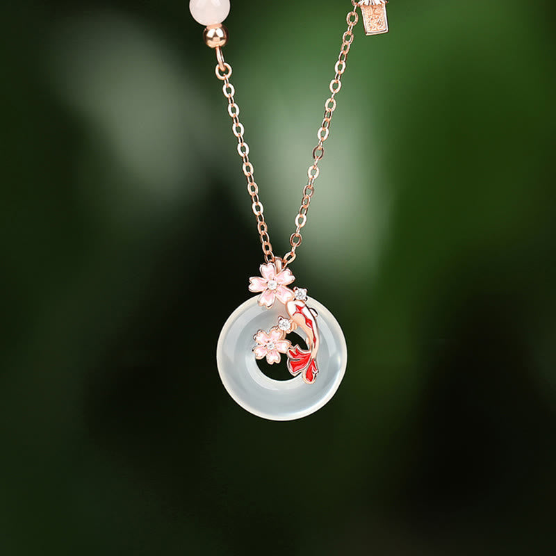 Buddha Stones , Chalcedon, rosa Kristall, 925 Sterling Silber, Blumen, Koi-Fische, Peace-Schnalle, positive Halskette mit Anhänger - Chalcedon 925 Sterlingsilber - image 0