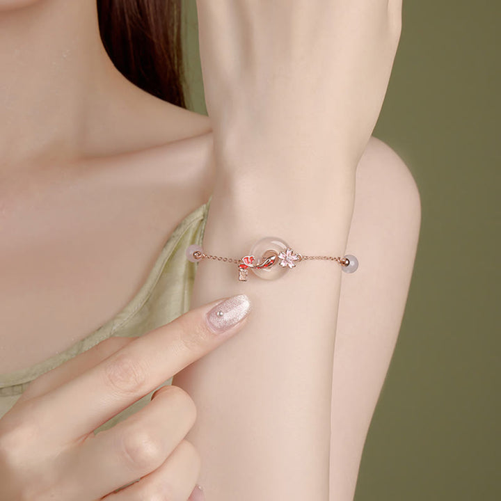 Armband mit Buddha Stones , Chalcedon, rosa Kristall, 925er Sterlingsilber, Blumen, Koi-Fische, Peace-Schnalle, positives Armband - image 3