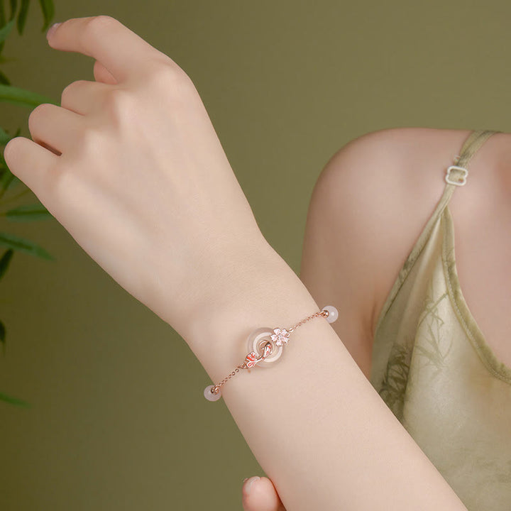 Armband mit Buddha Stones , Chalcedon, rosa Kristall, 925er Sterlingsilber, Blumen, Koi-Fische, Peace-Schnalle, positives Armband - image 12