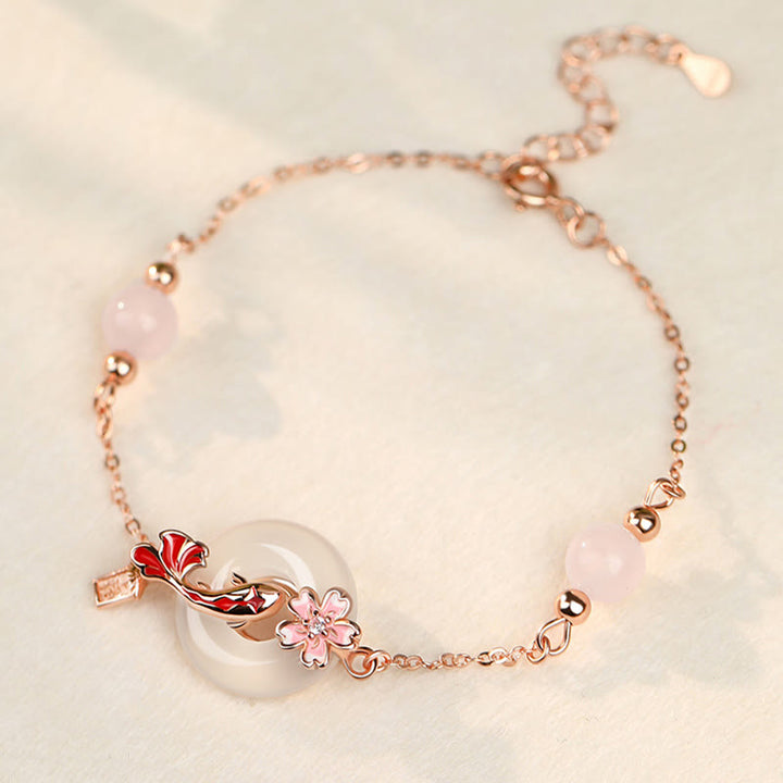 Armband mit Buddha Stones , Chalcedon, rosa Kristall, 925er Sterlingsilber, Blumen, Koi-Fische, Peace-Schnalle, positives Armband - Chalcedon, 925er Sterlingsilber (Handgelenkumfang: 14-18 cm) - image 0