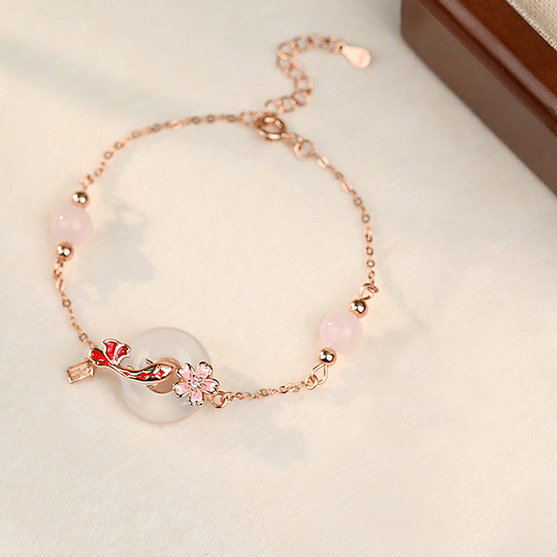 Armband mit Buddha Stones , Chalcedon, rosa Kristall, 925er Sterlingsilber, Blumen, Koi-Fische, Peace-Schnalle, positives Armband - image 1