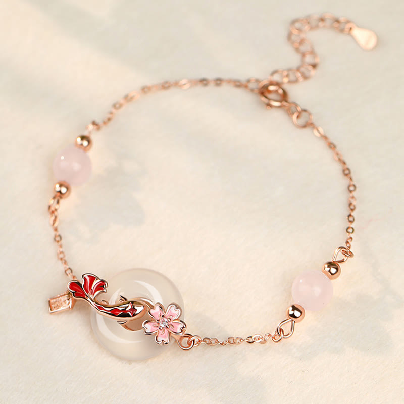 Armband mit Buddha Stones , Chalcedon, rosa Kristall, 925er Sterlingsilber, Blumen, Koi-Fische, Peace-Schnalle, positives Armband - Chalcedon, 925er Sterlingsilber (Handgelenkumfang: 14-18 cm) - image 0