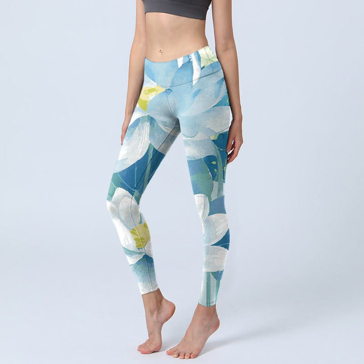 Buddha Stones Blau Weiß Lotus Print Gym Leggings frauen Yoga Hosen