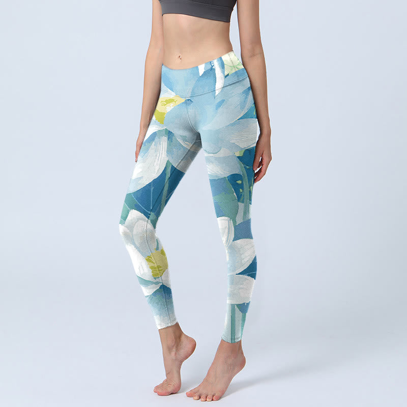 Buddha Stones ​​Blau Weiß Lotus Print Gym Leggings frauen Yoga Hosen - Blau - US18， UK/AU22，EU50 (4XL) - image 1