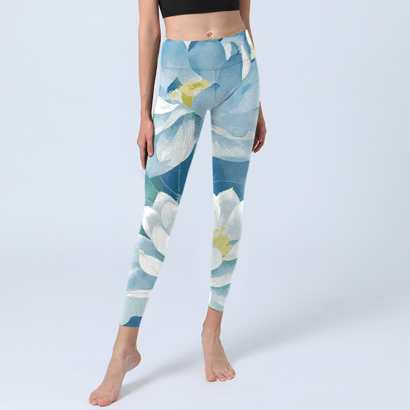 Buddha Stones Blau Weiß Lotus Print Gym Leggings frauen Yoga Hosen