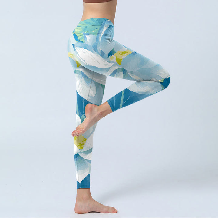 Buddha Stones Blau Weiß Lotus Print Gym Leggings frauen Yoga Hosen