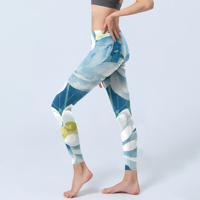 Buddha Stones Blau Weiß Lotus Print Gym Leggings frauen Yoga Hosen