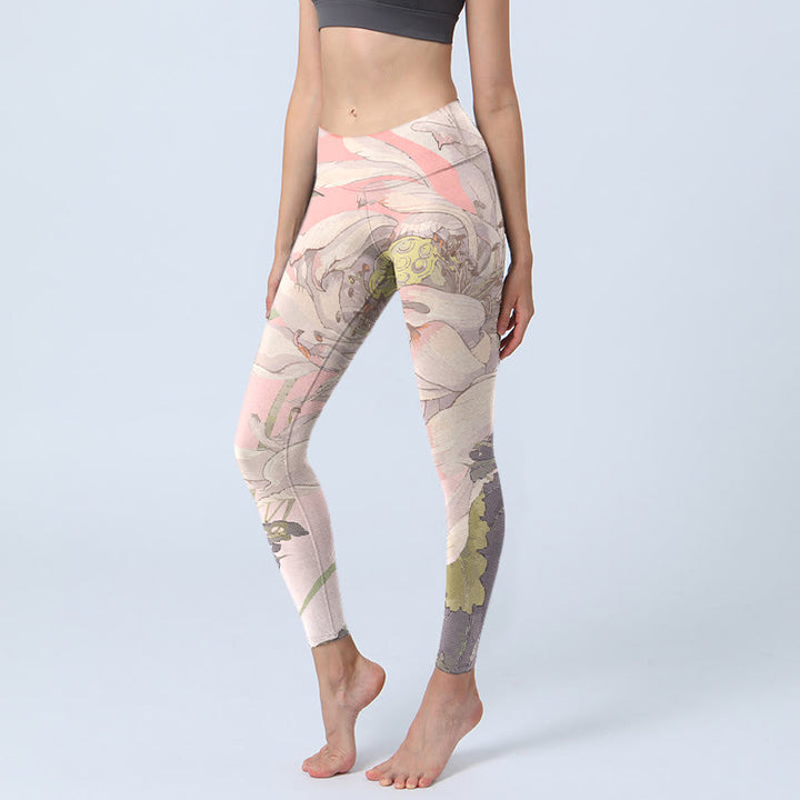 Buddha Stones verwelkt weiß Lotus Druck Gym Leggings Frauen Yoga Hosen