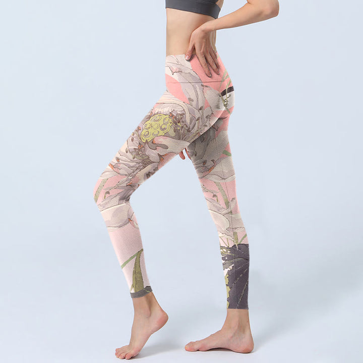 Buddha Stones verwelkt weiß Lotus Druck Gym Leggings Frauen Yoga Hosen