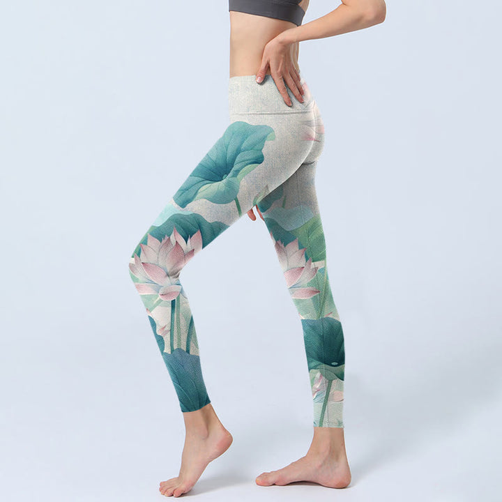 Buddha Stones, blühende weiße und rosa Lotusblätter, Druck, Leggings für Damen, Yogahose