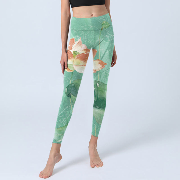 Leggings mit Buddha Stones, Lotusblättern und Samenkapseln, Aufdruck für Damen