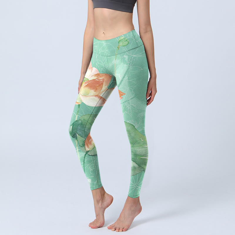 Leggings mit Buddha Stones, Lotusblättern und Samenkapseln, Aufdruck für Damen - MittelFrühlingsgrün - US18， UK/AU22，EU50 (4XL) - image 1