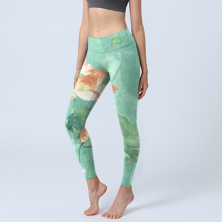 Leggings mit Buddha Stones, Lotusblättern und Samenkapseln, Aufdruck für Damen - MittelFrühlingsgrün - US18， UK/AU22，EU50 (4XL) - image 1