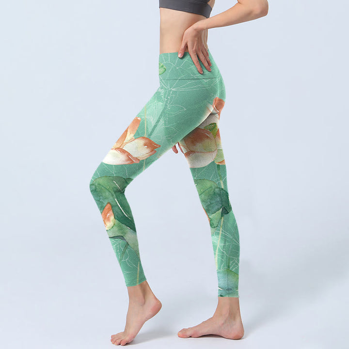 Leggings mit Buddha Stones, Lotusblättern und Samenkapseln, Aufdruck für Damen