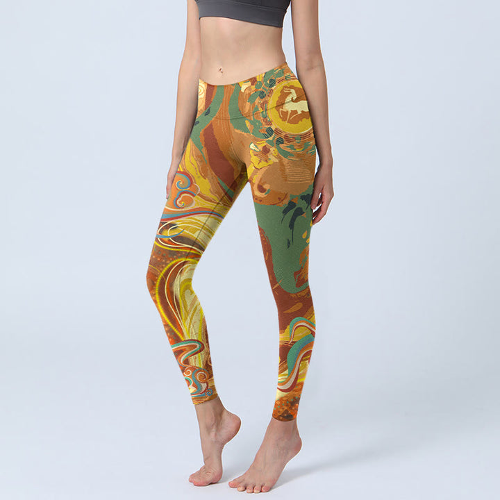 Buddha Stones, goldene, glückverheißende Wolkenwellen-Druck-Gymnastik-Leggings für Damen, Yoga-Hose