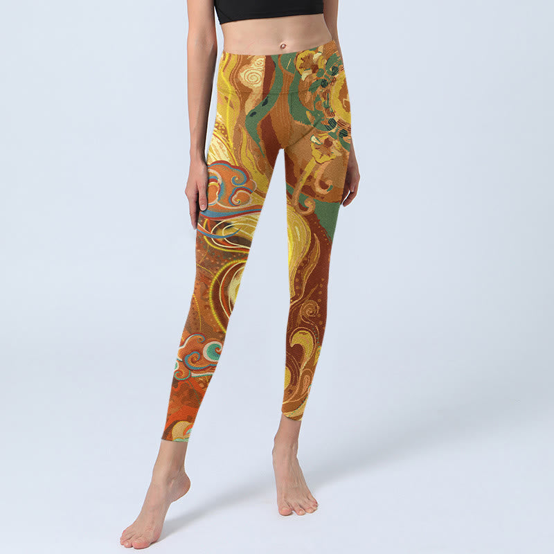 Buddha Stones, goldene, glückverheißende Wolkenwellen-Druck-Gymnastik-Leggings für Damen, Yoga-Hose