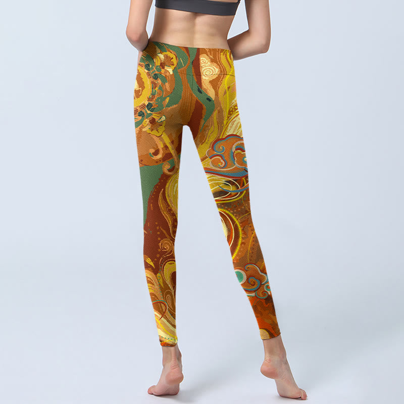 Buddha Stones, goldene, glückverheißende Wolkenwellen-Druck-Gymnastik-Leggings für Damen, Yoga-Hose