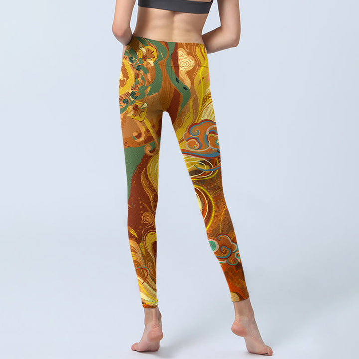 Buddha Stones, goldene, glückverheißende Wolkenwellen-Druck-Gymnastik-Leggings für Damen, Yoga-Hose