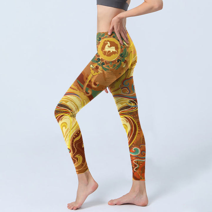 Buddha Stones, goldene, glückverheißende Wolkenwellen-Druck-Gymnastik-Leggings für Damen, Yoga-Hose