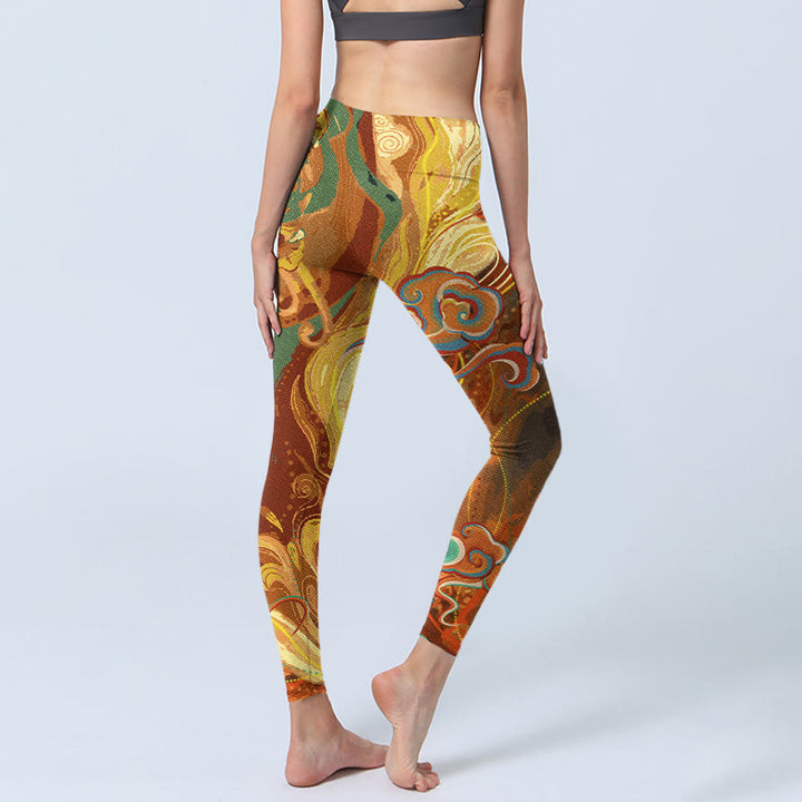 Buddha Stones, goldene, glückverheißende Wolkenwellen-Druck-Gymnastik-Leggings für Damen, Yoga-Hose