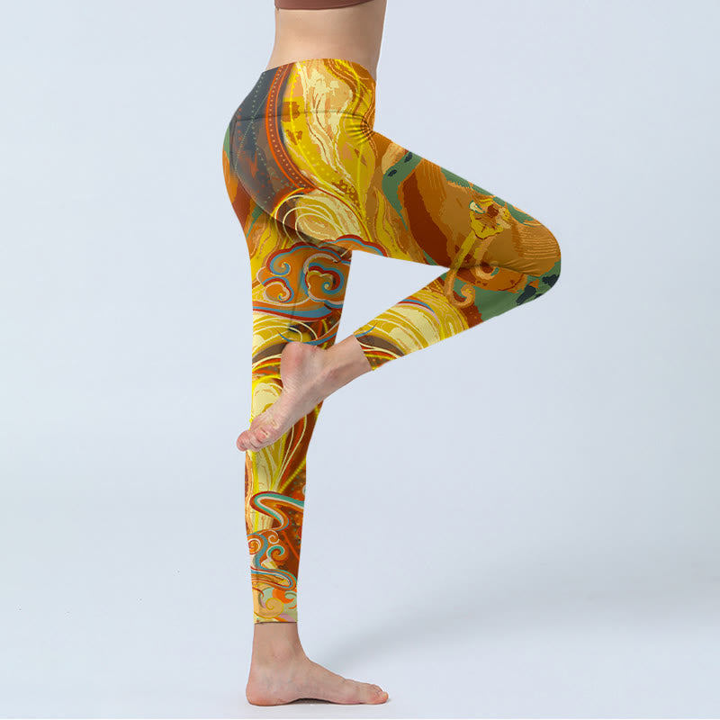 Buddha Stones, goldene, glückverheißende Wolkenwellen-Druck-Gymnastik-Leggings für Damen, Yoga-Hose