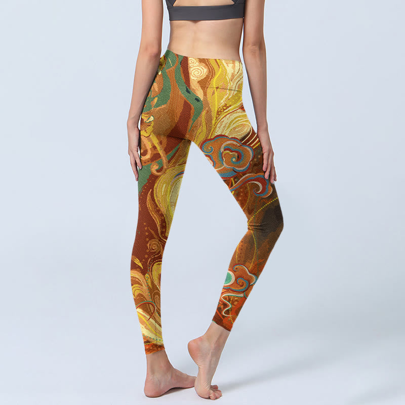 Buddha Stones, goldene, glückverheißende Wolkenwellen-Druck-Gymnastik-Leggings für Damen, Yoga-Hose - image 4