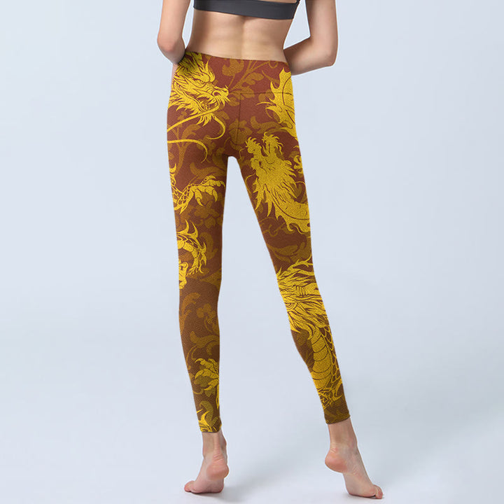 Buddha Stones Golden Dragon Blumen Druck Gym Leggings Frauen Yoga Hosen