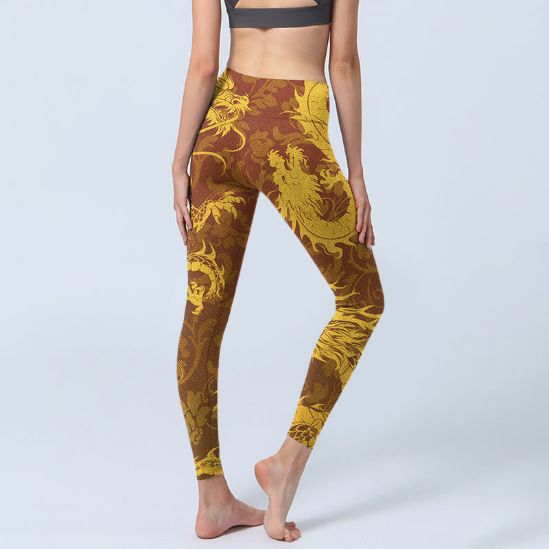 Buddha Stones Golden Dragon Blumen Druck Gym Leggings Frauen Yoga Hosen