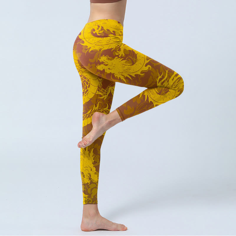 Buddha Stones Golden Dragon Blumen Druck Gym Leggings Frauen Yoga Hosen