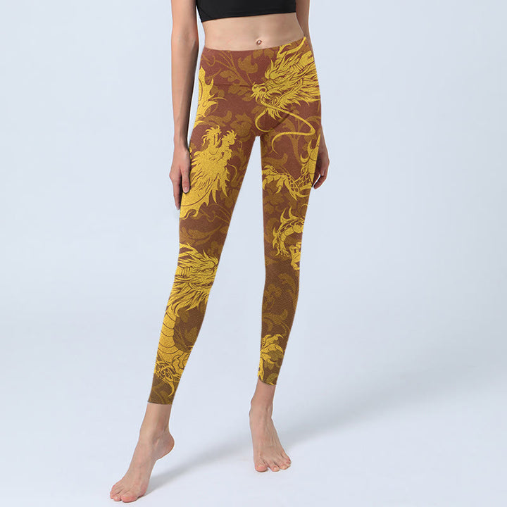 Buddha Stones Golden Dragon Blumen Druck Gym Leggings Frauen Yoga Hosen