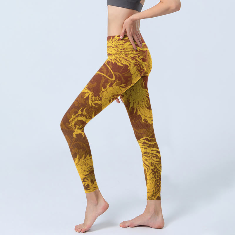 Buddha Stones Golden Dragon Blumen Druck Gym Leggings Frauen Yoga Hosen