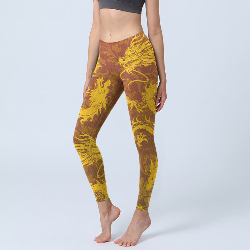 Buddha Stones Golden Dragon Blumen Druck Gym Leggings Frauen Yoga Hosen - Gold - US18， UK/AU22，EU50 (4XL) - image 1