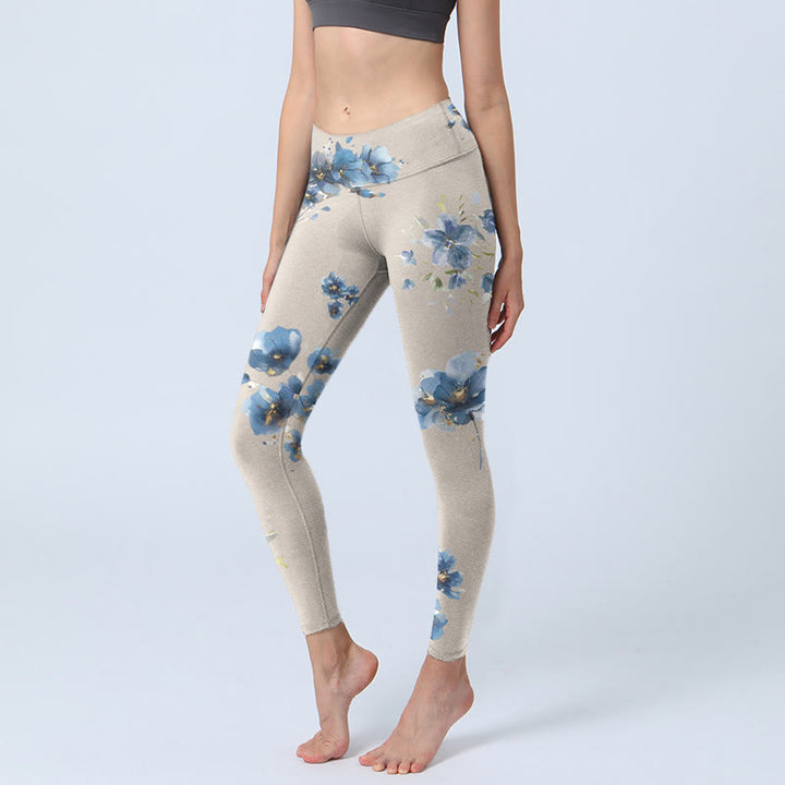 Buddha Stones Dunkelblaue Blumen-Leggings für Damen, Yogahose