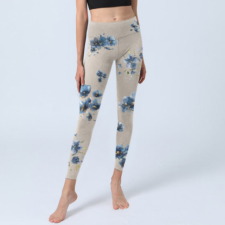 Buddha Stones Dunkelblaue Blumen-Leggings für Damen, Yogahose