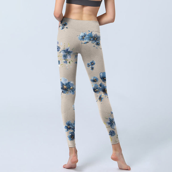 Buddha Stones Dunkelblaue Blumen-Leggings für Damen, Yogahose